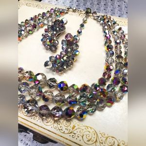 Vintage LAGUNA Heliotrope AB Crystal 3 Strand Necklace Clip Earring Demi Set